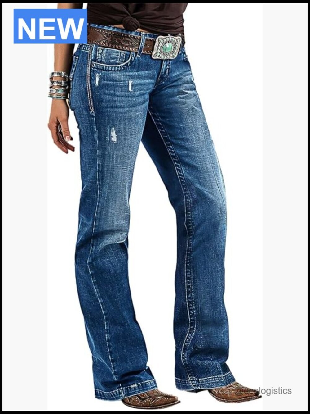 Mid Rise Bootcut Flare Jeans Distressed Stitch Stretch Denim